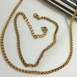 ست زنجیر و دستبند بافت گندمی طلایی 