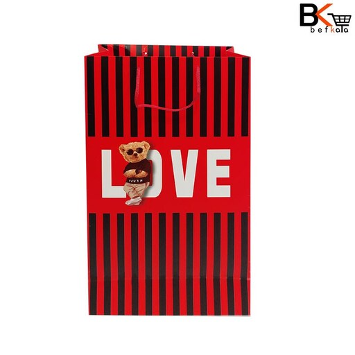 ساک دستی کادویی سایز 3 طولی قرمز راه راه طرح LOVE کد 223