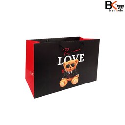 ساک دستی کادویی سایز 4 عرضی مشکی طرح خرسی Romance LOVE کد 233