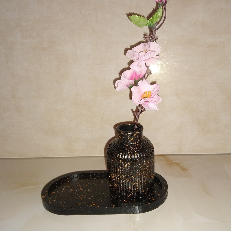 ست سینی و گلدان سنگ مصنوعی دست ساز مشکی گرانیتی (بدون گل)
