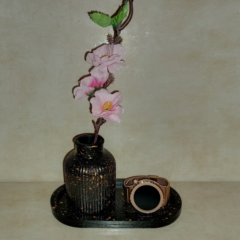 ست سینی و گلدان سنگ مصنوعی دست ساز مشکی گرانیتی (بدون گل)