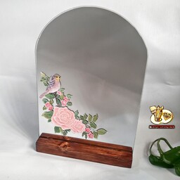 آینه گنبدی رومیزی با طرح سفارشی گل و پرنده و پایه چوبی