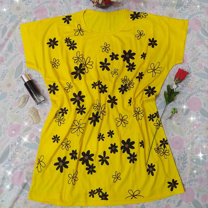  تیشرت زنانه گل بابونه طلا کوب جنس ویسکوز فری سایز 40 تا 48 