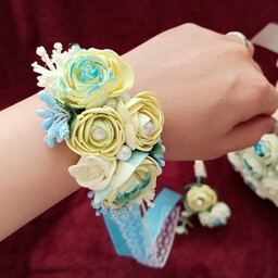 دستبند( مچبند گل) عروس وگل کت داماد آبی مناسب عقد نامزدی فرمالیته آتلیه 