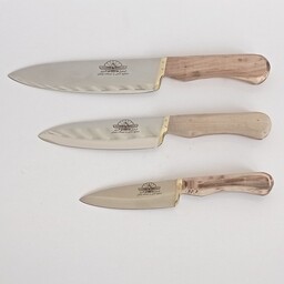 سرویس سه تایی چاقو آشپزخانه استیل ضد زنگ استاد قنبری زنجان دسته چوبی با کیفیت عالی