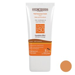 کرم ضد آفتاب SPF 50 با پوشش کرم پودری بژ کاراملی مناسب پوست چرب هیدرودرم