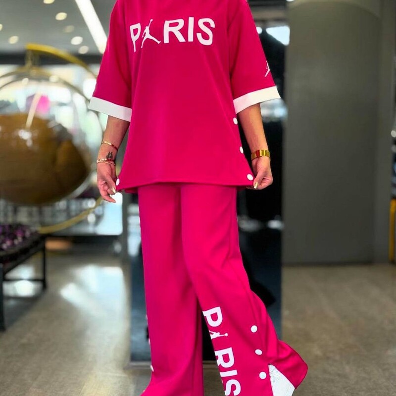 تیشرت شلوار زنانه پاریس تیشرت لانگ شلوار بگ دکمه دار ارسال رایگان 
