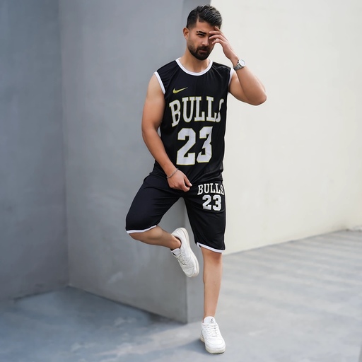 ست رکابی شلوارک مشکی مردانه مدل bulls 23