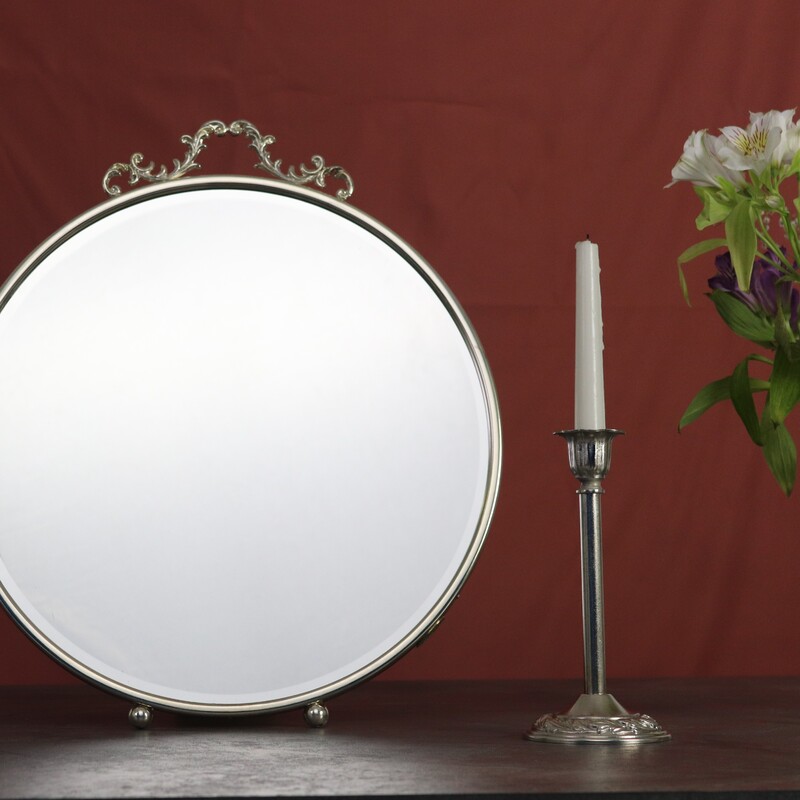 آینه و شمعدان برنجی مدل شیوا نقره ای قطر 40
