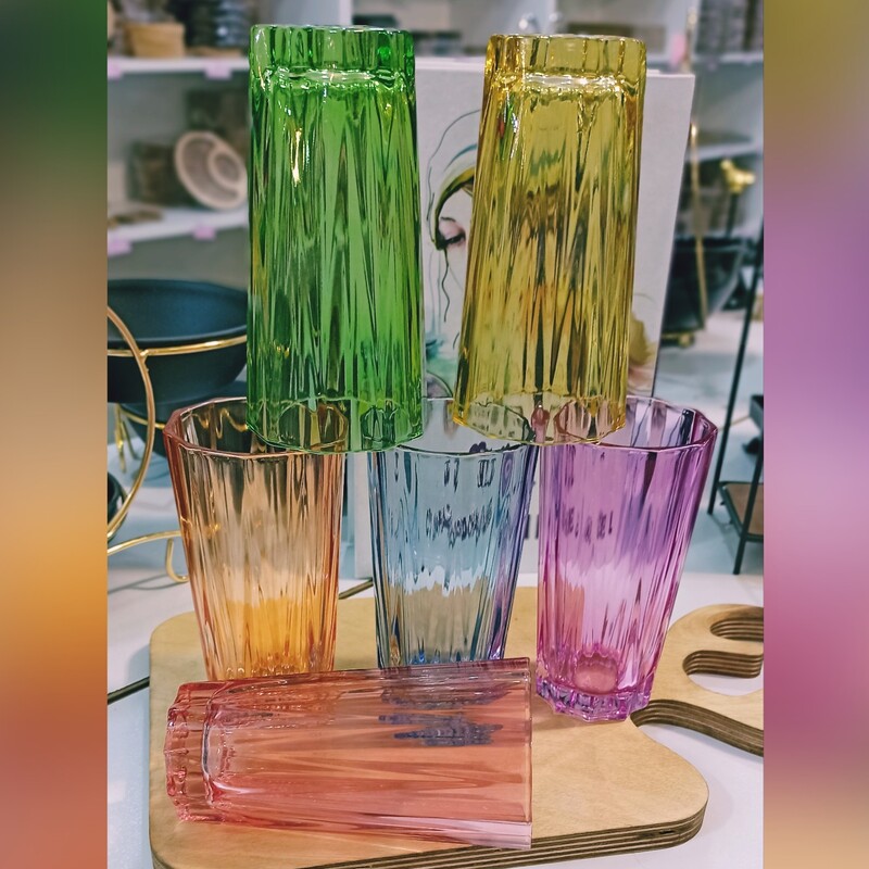 لیوان رنگی شیشه ای لیوان شربت خوری شیشه ای 6 رنگ بسته 6عددی طرح سورنا