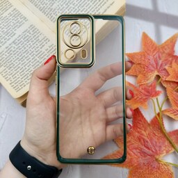 قاب گوشی Xiaomi 13 Lite شیائومی الکتروپلیتینگ شفاف ژله ای دور طلایی محافظ لنز دار سبز کد 51760