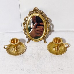 آینه شمعدان برنجی هندی ( آینه شعمدان برنزی )شعمدان قلم دست با طرح طاووس تزیینی دکوری بسیار زیبا و مناسب استفاده دائم
