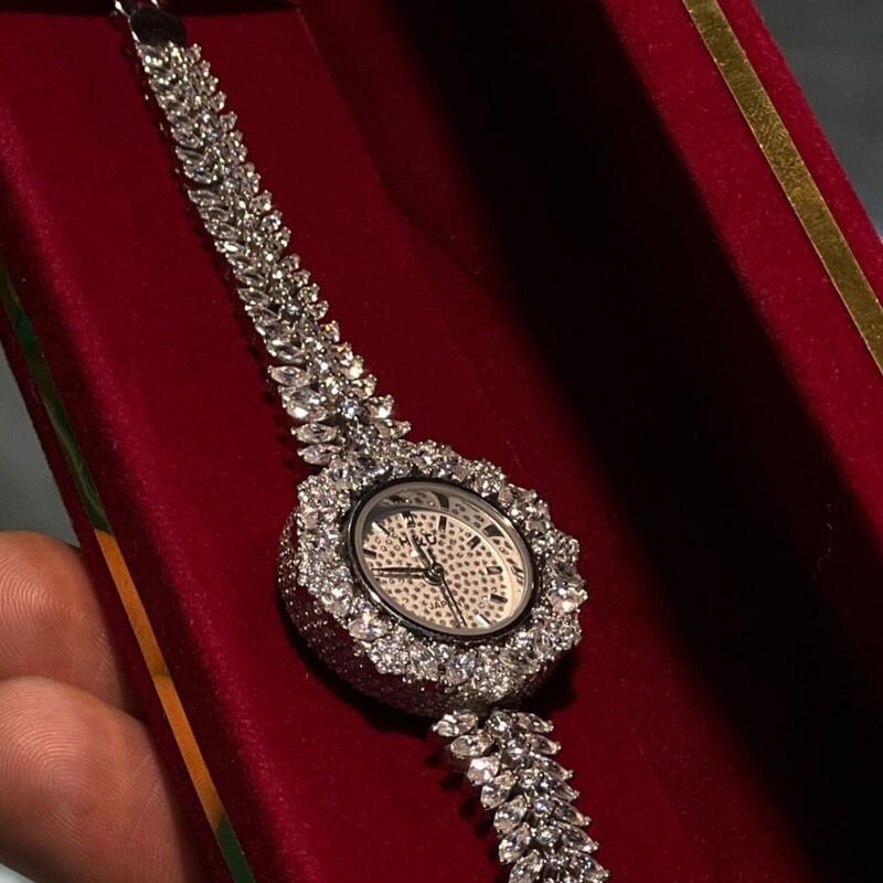 ساعت نقره زنانه روکش طلا سفید جواهری 