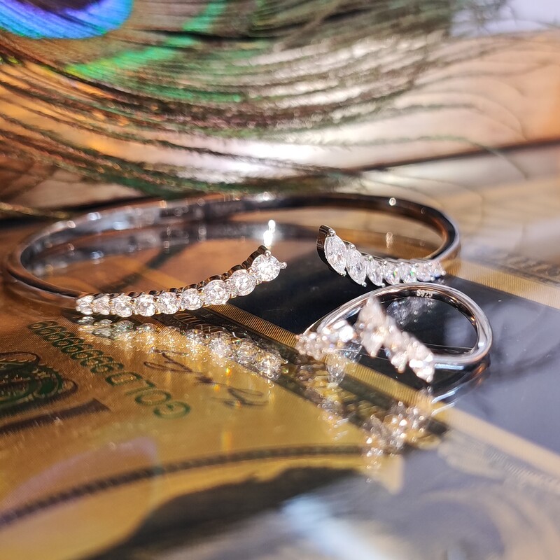 ست دستبند انگشتر نقره زنانه روکش طلا سفید مارکیز 