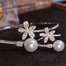 ست دستبند انگشتر نقره زنانه روکش طلا سفید مروارید اصل 