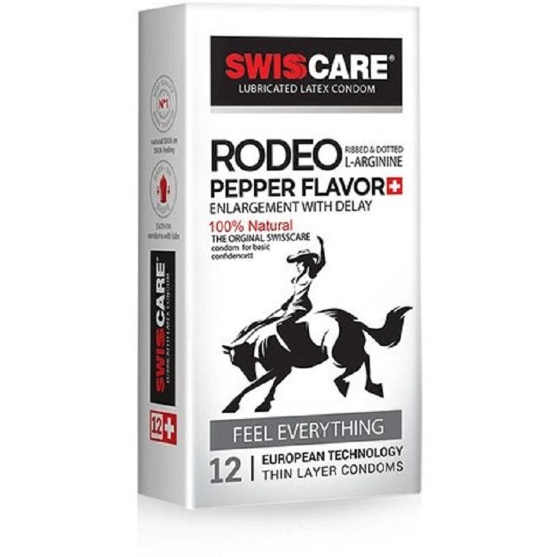 کاندوم تاخیر دار خاردار سوئیس کر Rodeo Pepper Flavor بسته 12 عددی