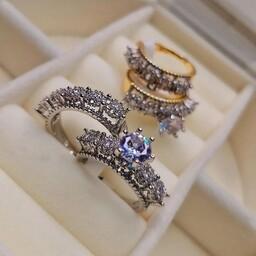 انگشتر حلقه پشت حلقه جواهری نگین دارطلایی و نقره ای بسیار زیبا برند پرنس رنگ ثابت