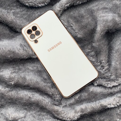 قاب گوشی Galaxy A22 4G - Galaxy M32 4G سامسونگ طرح ژله ای مای کیس گلد لاین دور طلایی محافظ لنز دار سفید