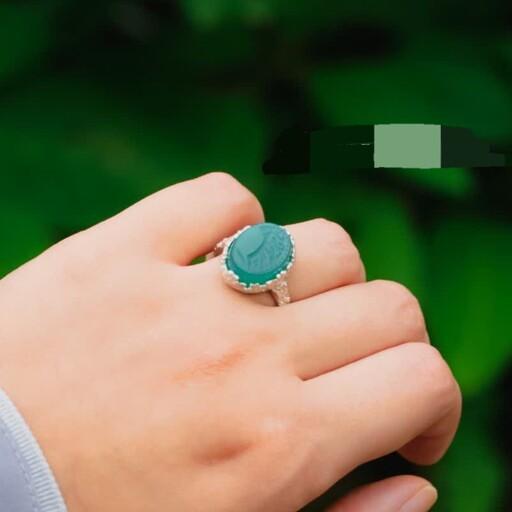 انگشتر نقره زنانه عقیق سبز منقش به یا فاطمه زهرا-  .