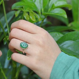 انگشتر نقره زنانه عقیق سبز منقش به یا رقیه-،