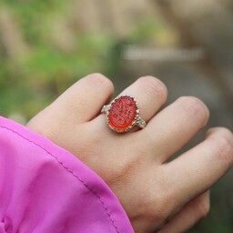 انگشتر نقره زنانه عقیق سرخ منقش به یا حسین  -،