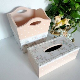 سطل و جادستمال کاغذی چوبی رنگ صورتی هلویی مناسب اتاق خواب و سیسمونی 