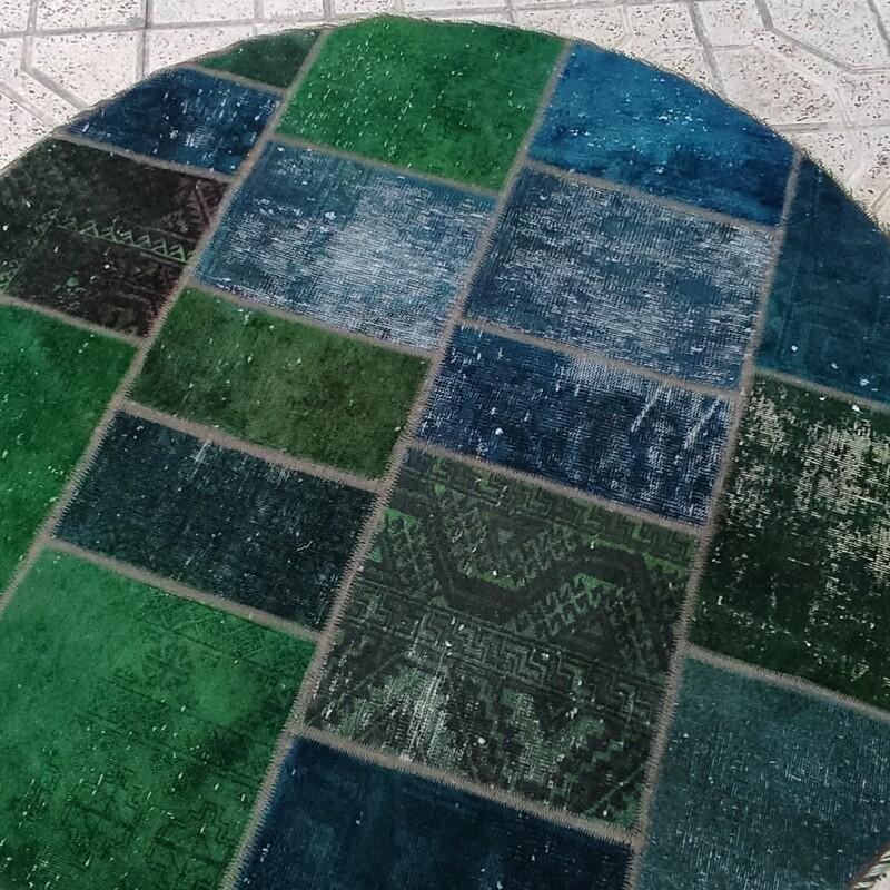 فرش سبز دایره دستبافت وینتیج 