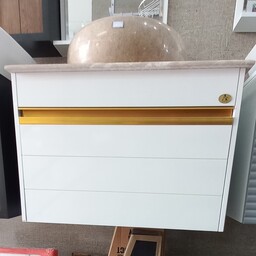 روشویی کابینتی سفید طلایی با آینه و باکس و سنگ طبیعی مدل آرال ( فول ست)