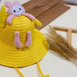 کلاه حصیری وارداتی تابستانه پمپی مناسب سن سه تا نه سال در رنگ های زرد و کرم و صورتی 