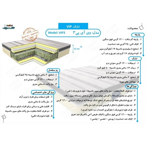 تشک لمینیک مدل وی آی پی 3 دو نفره سایز 160x200