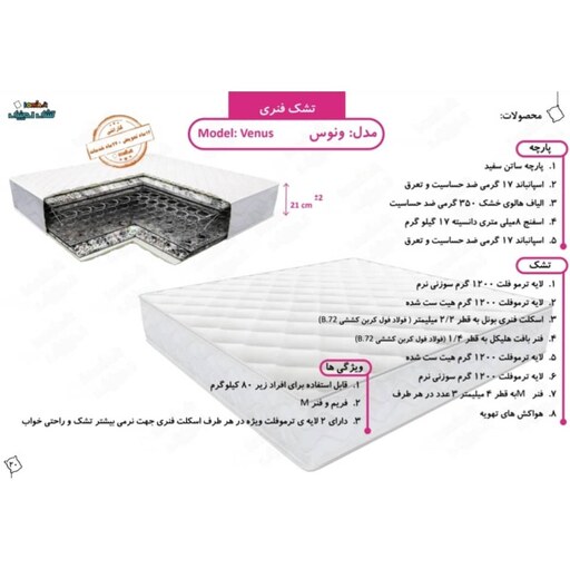 تشک لمینیک مدل طبی فنری ونوس دونفره سایز 180x200(پس کرایه)