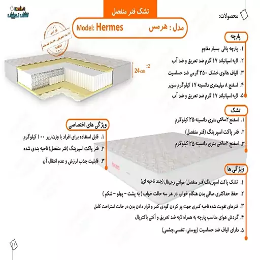 تشک لمینیک مدل فنر منفصل هرمس دونفره سایز 160x200