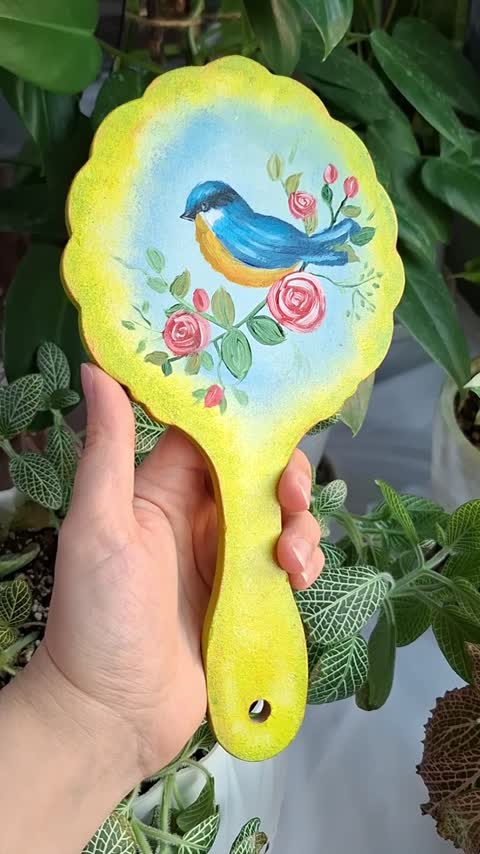 آیینه دستی چوبی نقاشی کاردست طرح گل ومرغ