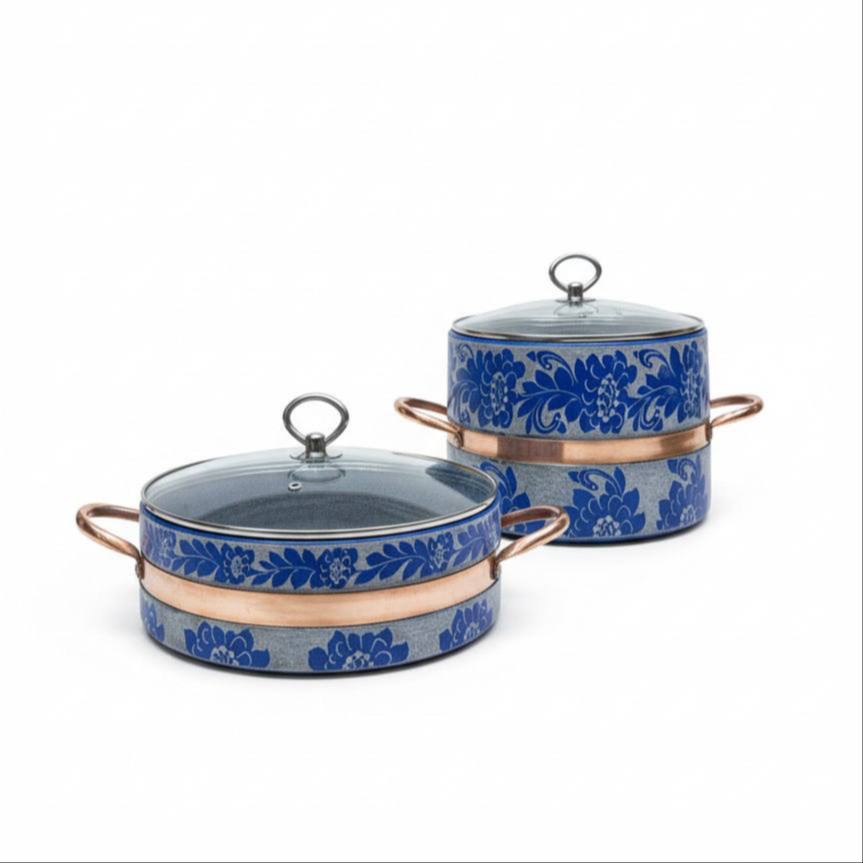دیگ و تابه سنگی با دسته مس طرح گلسنگ