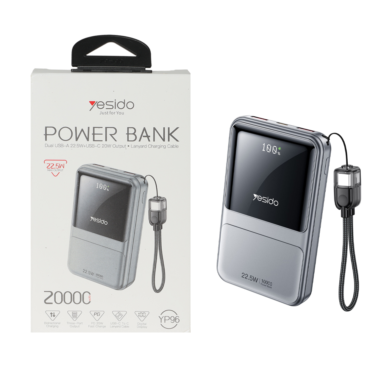 پاوربانک PD و فست شارژ Yesido 20000mAh مدل YP96 22.5W - نقره ای (گارانتی 18 ماه تعویض نیکان همراه)