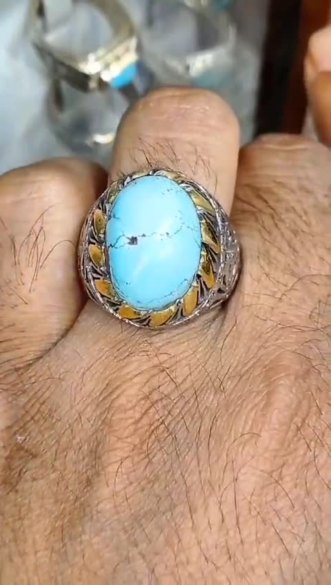 انگشتر فیروزه نیشابور اصلی انگشتر نقره مردانه مخراج برلیان اصلی رکاب نقره دستساز شبکه وابکاری نقره عیار 925ارسال رایگان 