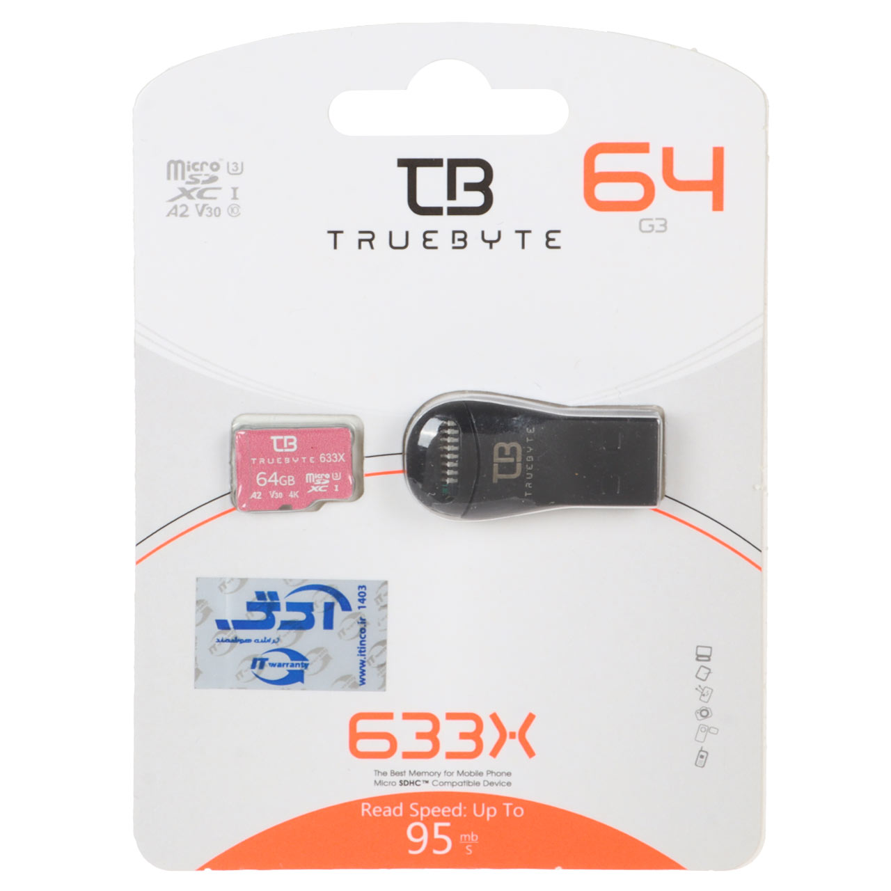 خرید رم (گارانتی مادامالعمر شرکت آی تین) TRUEBYTE microSDXC &amp; Card Reader U3 Class 10 633X -95MB/s - 64GB تاپگار