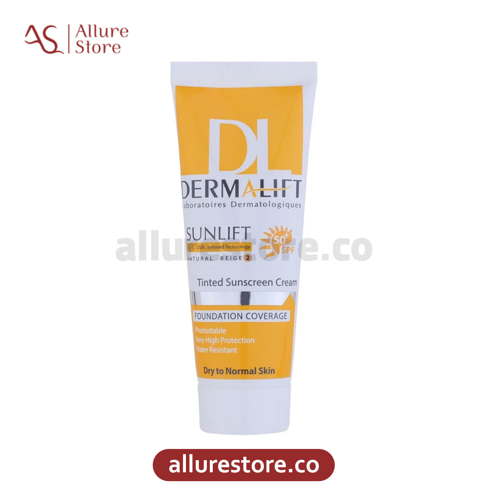 کرم ضد آفتاب رنگی درمالیفت مناسب پوست های خشک و  معمولی (کرم پودری بژ طبیعی 2) 40ml |  آلور استور