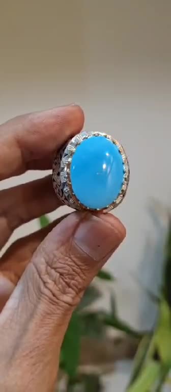 انگشتر دستساز نقره فیروزه نیشابور تراش بیضی عجمی