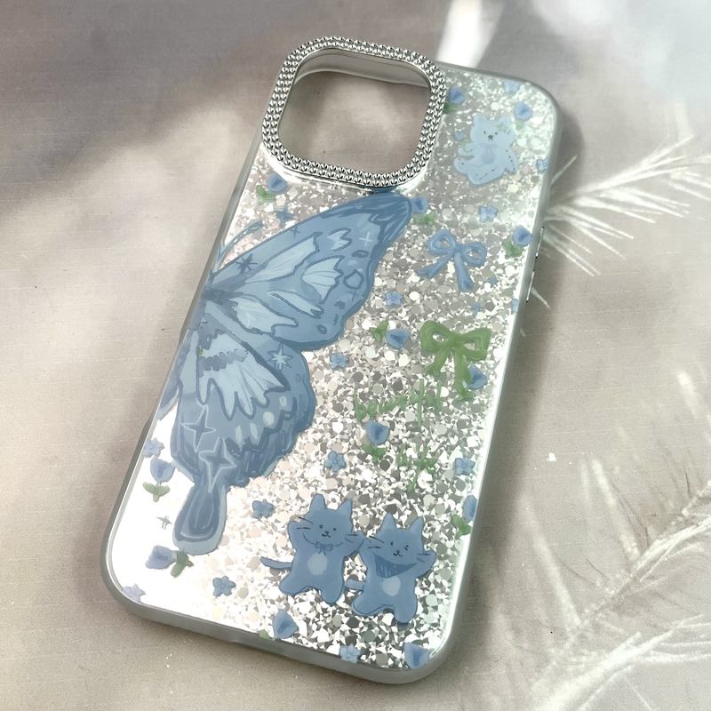 قاب گوشی iPhone 16 Pro Max آیفون Shine Guard ایربگ دار Silver لنز نگین دار پروانه آبی کد 325511