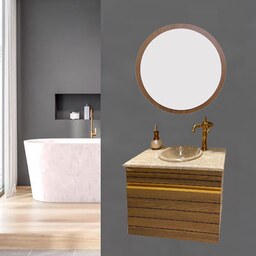 روشویی کابینتی طرح چوب دیواری با سنگ طبیعی توکار کرم همراه آینه گرد