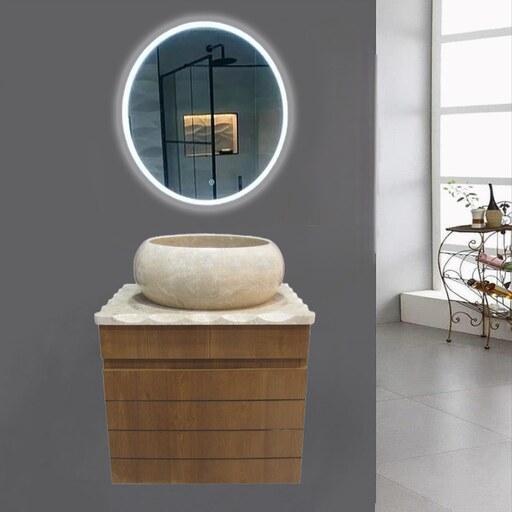 روشویی کابینتی طرح چوب دیواری سایز 60 با سنگ طبیعی روکار همراه آینه بک لایت گرد
