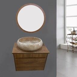 روشویی کابینتی طرح چوب دیواری با سنگ طبیعی روکار همراه آینه گرد (پس کرایه)