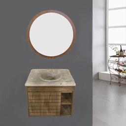 روشویی کابینتی طرح چوب دکوردار دیواری با سنگ طبیعی توکار کرم همراه آینه گرد (پس کرایه)