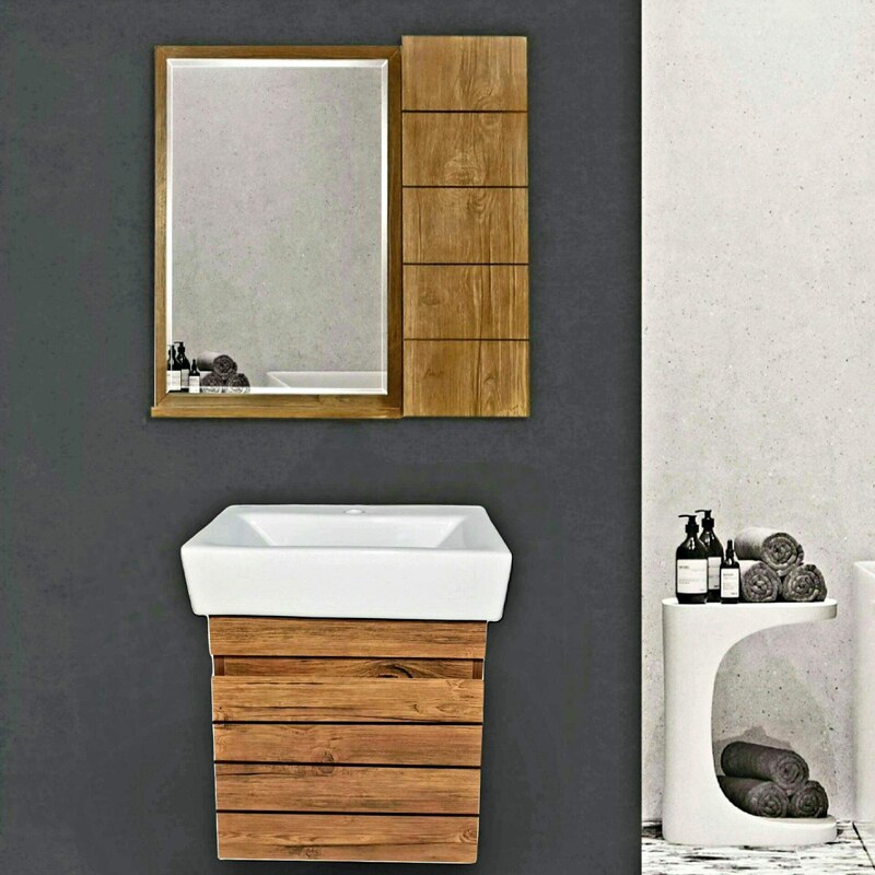 روشویی کابینتی  کوچک دیواری طرح چوب همراه با  آینه باکس (پس کرایه)