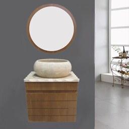 روشویی کابینتی طرح چوب  دیواری سایز 50 با سنگ طبیعی روکار همراه آینه گرد