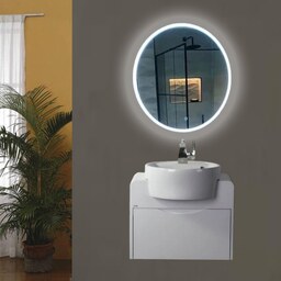 روشویی کابینتی میلانو سفید دیوار همراه آینه بک لایت گرد (پس کرایه)