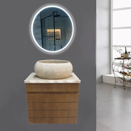 روشویی کابینتی طرح چوب  دیواری سایز 50 با سنگ طبیعی روکار همراه آینه بک لایت گرد (پس کرایه)