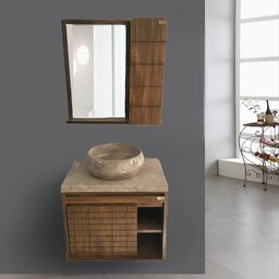 روشویی کابینتی طرح چوب دکوردار دیواری با سنگ طبیعی روکار کرم همراه آینه باکس