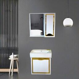 روشویی کابینتی  کوچک دیواری سفیدطلایی همراه با  آینه باکس